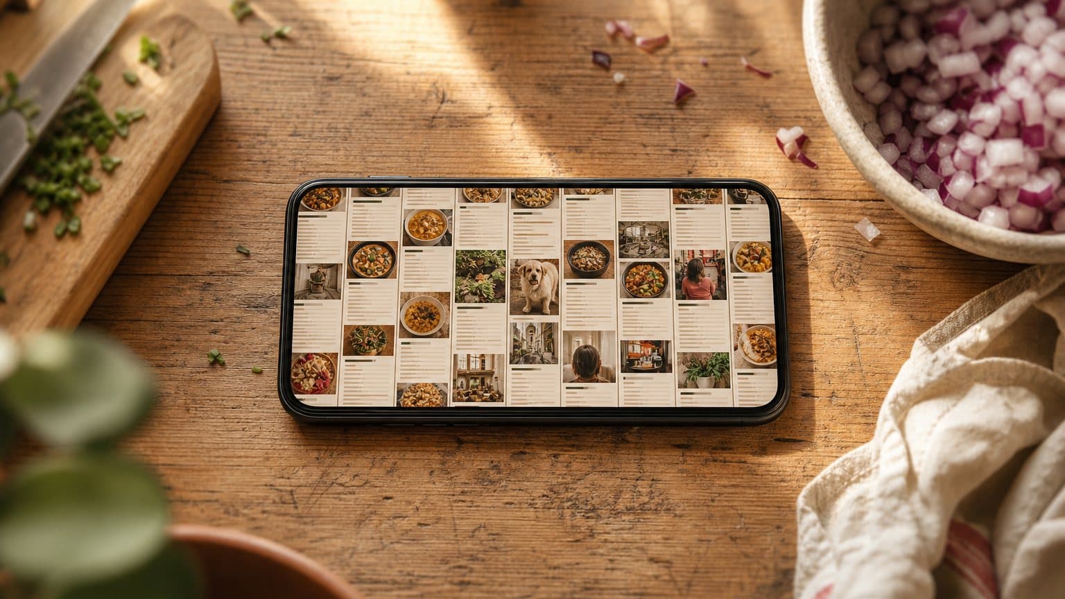 A phone lying on a wooden worktop showing a camera roll grid where recipe screenshots are mixed in among photos of a dog, a plant and a street