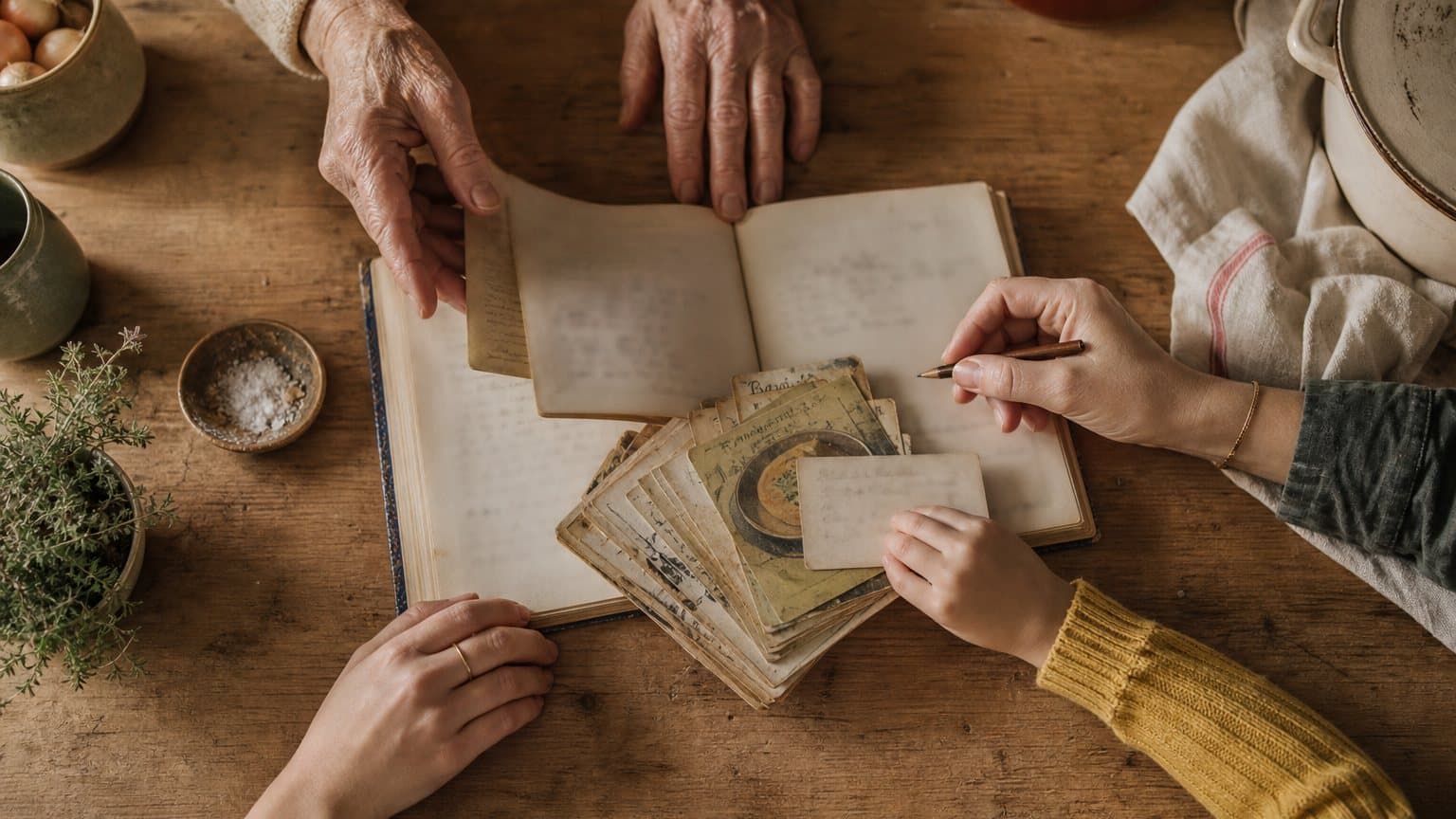 Four pairs of hands of different ages reaching in from all sides of a kitchen table over one open book and a stack of old recipe cards
